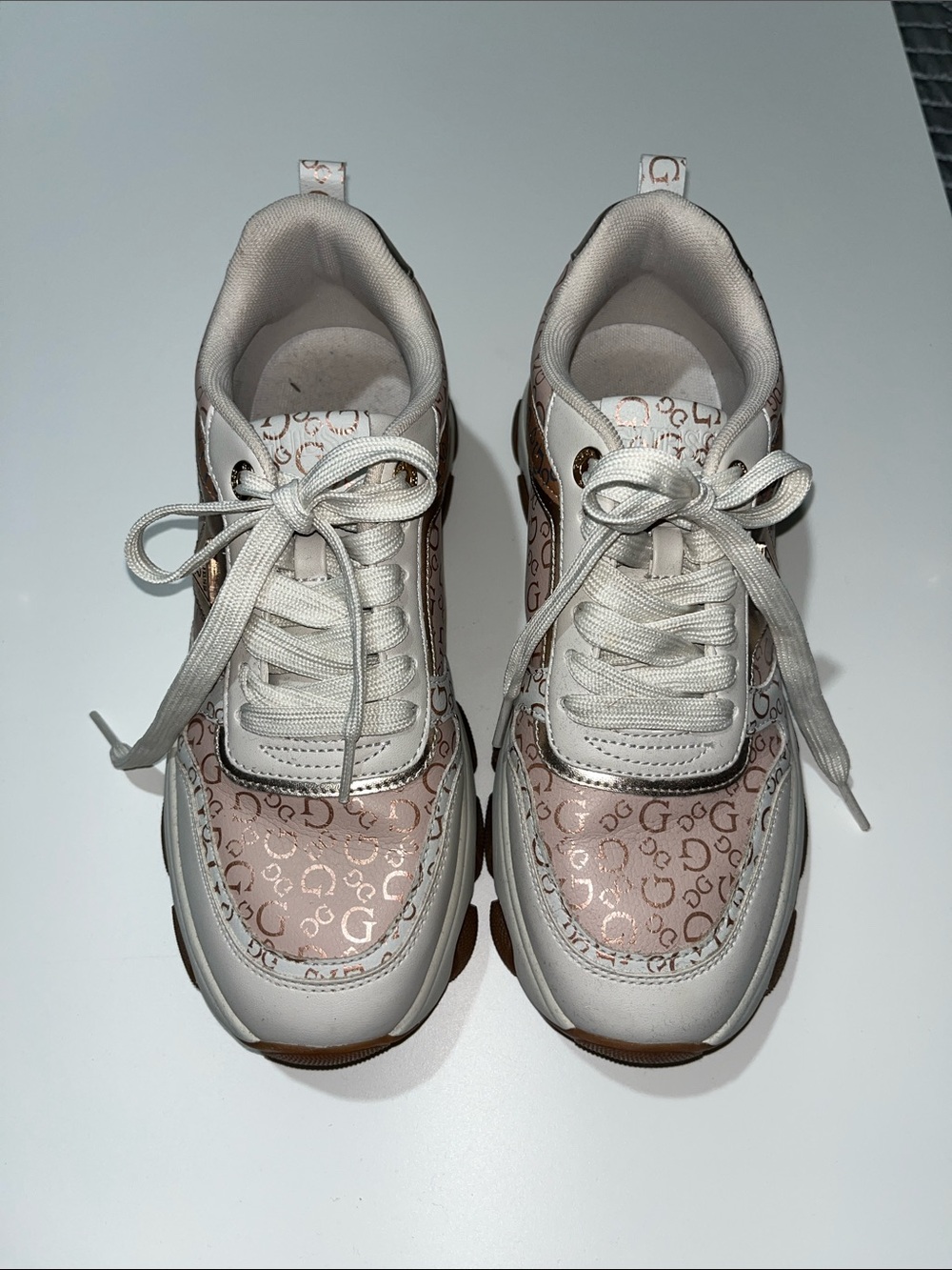 Guess  White and Pink Logo-Print Women's Chunky Lace-Up Sneakers